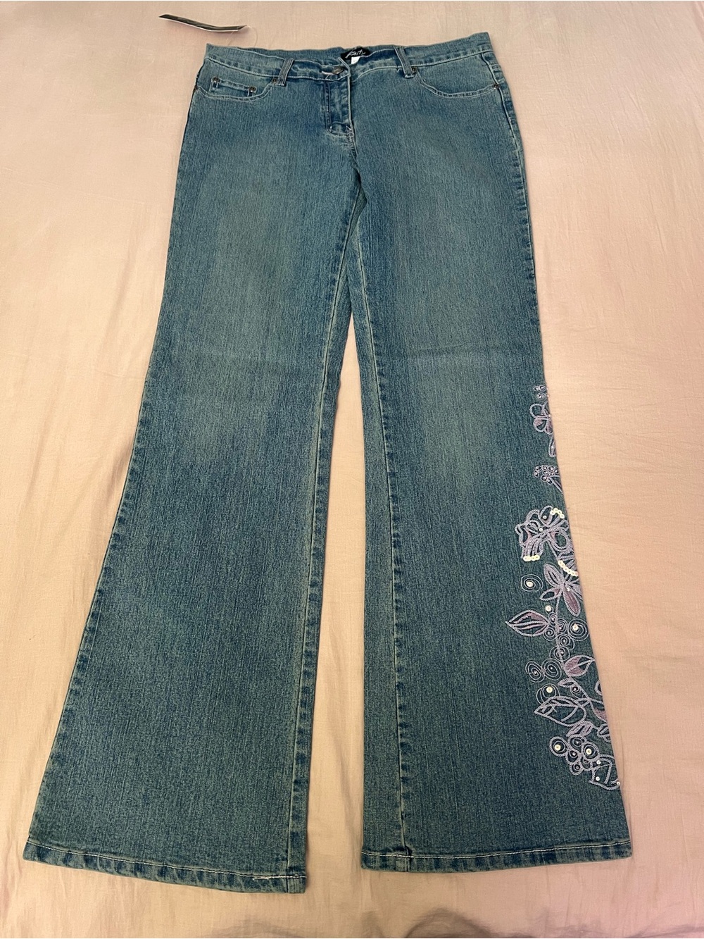 Y2K Deadstock Fairy Flare Jeans with Purple Floral Embroidery